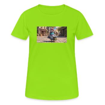 Traveler Pigeon in Beanie exploring European Town - Women's Breathable T-Shirt - neon green - Front - AI Model Female 172 dark (172cm)