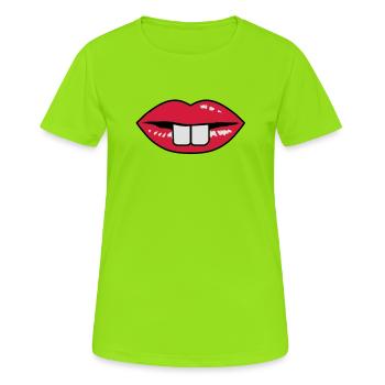 Ein roter Mund mit Hasenzähne - Frauen T-Shirt atmungsaktiv - Neongrün - Vorne - AI Model Female 172 dark (172cm)