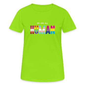 Pride Month LGBT - Wir sind alle Menschen - Frauen T-Shirt atmungsaktiv - Neongrün - Vorne - AI Model Female 172 dark (172cm)