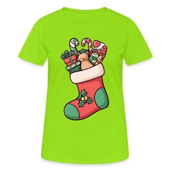 Illustrierter Weihnachtsstrumpf – festlich und niedlich - Frauen T-Shirt atmungsaktiv - Neongrün - Vorne - AI Model Female 172 dark (172cm)