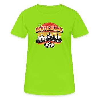Deutschland Fußball Skyline Sonnenuntergang - Frauen T-Shirt atmungsaktiv - Neongrün - Vorne - AI Model Female 172 dark (172cm)