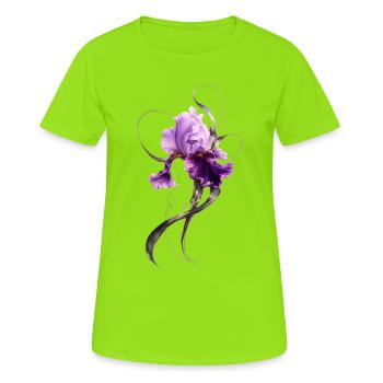 Lila Iris Blüte Elegante Blumenkunst  - Frauen T-Shirt atmungsaktiv - Neongrün - Vorne - AI Model Female 172 dark (172cm)