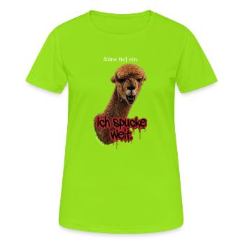 Alpaka "Ich spucke weit" - Frauen T-Shirt atmungsaktiv - Neongrün - Vorne - AI Model Female 172 dark (172cm)