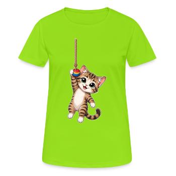 Katze hängt am Seil - Frauen T-Shirt atmungsaktiv - Neongrün - Vorne - AI Model Female 172 dark (172cm)