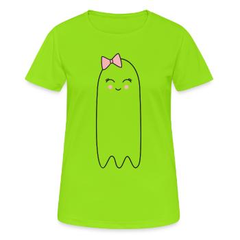 Geist mit rosa Schleife – Süßes Halloween Design - Frauen T-Shirt atmungsaktiv - Neongrün - Vorne - AI Model Female 172 dark (172cm)
