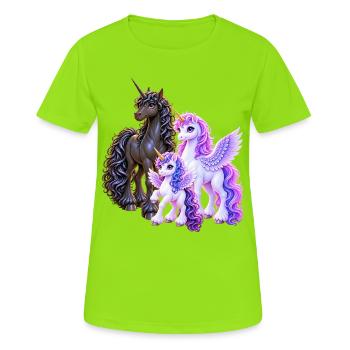 Magische Einhörner – Zauber einer Fantasywelt - Frauen T-Shirt atmungsaktiv - Neongrün - Vorne - AI Model Female 172 dark (172cm)