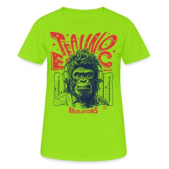 T-Shirt Révélations : Monkey lance une techno à ciel ouvert - T-shirt respirant Femme - vert néon - Devant - AI Model Female 172 dark (172cm)
