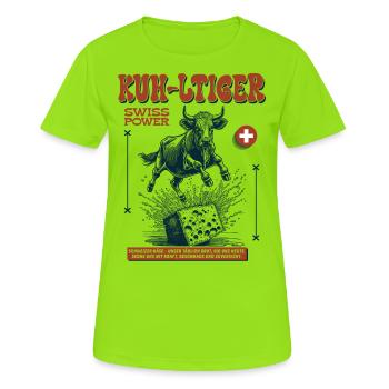 Chemise de la fête folklorique suisse : fromage, vache et cœur et âme - T-shirt respirant Femme - vert néon - Devant - AI Model Female 172 dark (172cm)