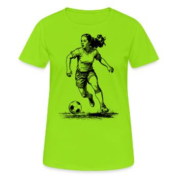 Striker Women's Soccer Shirt: Goal Scorer on the Ball - Women's Breathable T-Shirt - neon green - Front - AI Model Female 172 dark (172cm)