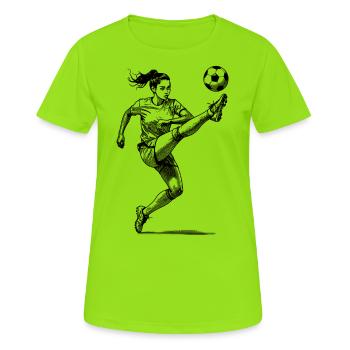 Kickerin im Fokus: Frauenfußball und Torschuss - Frauen T-Shirt atmungsaktiv - Neongrün - Vorne - AI Model Female 172 dark (172cm)