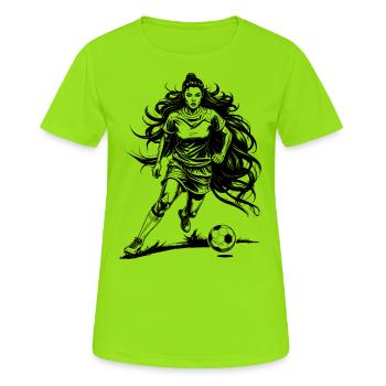 Fußball Shirt: Fußballerin auf dem Fußballfeld - Frauen T-Shirt atmungsaktiv - Neongrün - Vorne - AI Model Female 172 dark (172cm)