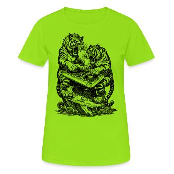 Tiger DJ Shirt: Festival Vibes am Techno Mischpult - Frauen T-Shirt atmungsaktiv - Neongrün - Vorne - AI Model Female 172 dark (172cm)