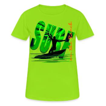 Surfer on the beach in the waves on the surfboard - Women's Breathable T-Shirt - neon green - Front - AI Model Female 172 dark (172cm)