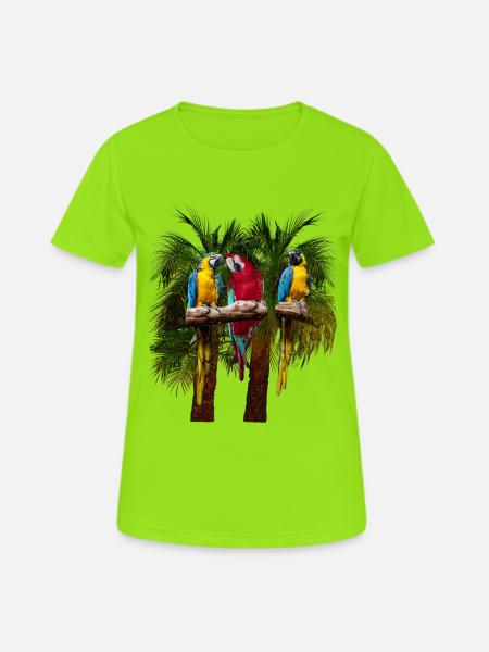Drei Ara Papageien vor Palmen - Frauen T-Shirt atmungsaktiv - Neongrün