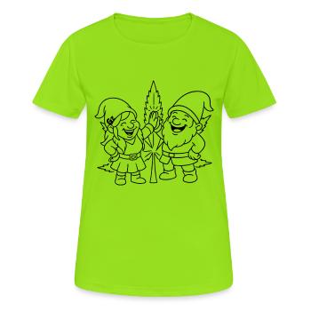 Zwergenfreunde mit Cannabisblatt - Frauen T-Shirt atmungsaktiv - Neongrün - Vorne - AI Model Female 172 dark (172cm)