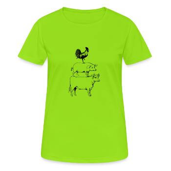 Gestapeltes Vieh-T-Shirt. Kuh-Schwein-Hahn-Fleisch - Frauen T-Shirt atmungsaktiv - Neongrün - Vorne - AI Model Female 172 dark (172cm)