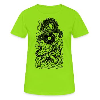 DJ Shirt: Techno Tiger & Drache im Vinyl Duell - Frauen T-Shirt atmungsaktiv - Neongrün - Vorne - AI Model Female 172 dark (172cm)