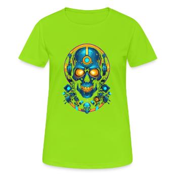 Futuristischer Blaugold-Totenkopf - Frauen T-Shirt atmungsaktiv - Neongrün - Vorne - AI Model Female 172 dark (172cm)