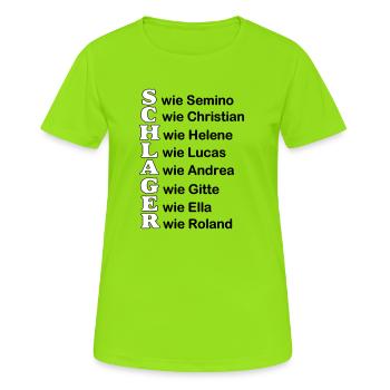 Schlager Party , Schlager Musik , Schlager wie - Frauen T-Shirt atmungsaktiv - Neongrün - Vorne - AI Model Female 172 dark (172cm)