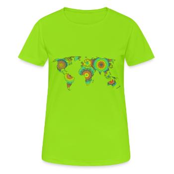 Mandala carte du monde coloré - T-shirt respirant Femme - vert néon - Devant - AI Model Female 172 dark (172cm)