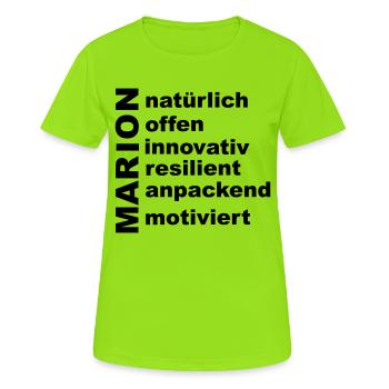 Marion - Ein ganz spezielles Design nur für Marion - Frauen T-Shirt atmungsaktiv - Neongrün - Vorne - AI Model Female 172 dark (172cm)