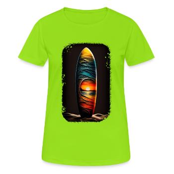 Surfing Sunset buntes Surfboard Surfbrett Surfer - Frauen T-Shirt atmungsaktiv - Neongrün - Vorne - AI Model Female 172 dark (172cm)