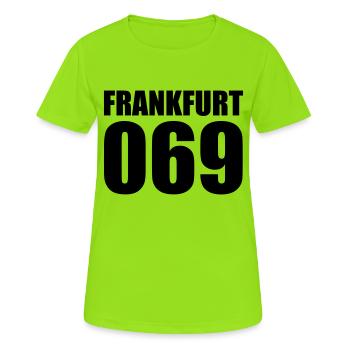 069 Francfort – Notre ville Ville de #Frankfurt - T-shirt respirant Femme - vert néon - Devant - AI Model Female 172 dark (172cm)