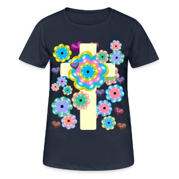 Kreuz Jesus Kreuze Blumen Herz Herzen Kreuze - Frauen T-Shirt atmungsaktiv - Dunkelnavy - Vorne - AI Model Female 172 light (172cm)