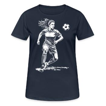 Torjägerin-Shirt: Fußballerin auf dem Fußballfeld - Frauen T-Shirt atmungsaktiv - Dunkelnavy - Vorne - AI Model Female 172 light (172cm)