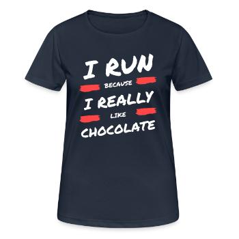 Je cours parce que j’aime beaucoup le chocolat - T-shirt respirant Femme - bleu marine foncé - Devant - AI Model Female 172 light (172cm)
