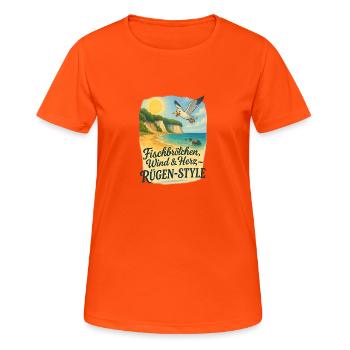 Fischbrötchen, Wind & Herz – Rügen-Style - Frauen T-Shirt atmungsaktiv - Neonorange - Vorne - AI Model Female 172 dark (172cm)