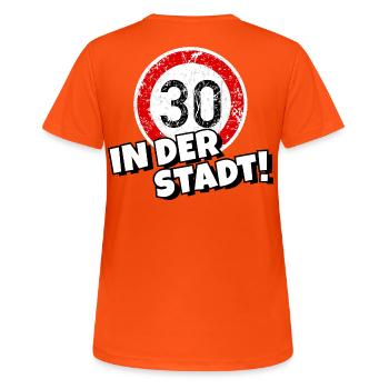 Tempo 30 in der Stadt - Frauen T-Shirt atmungsaktiv - Neonorange - Hinten - AI Model Female 172 dark (172cm)