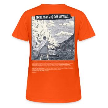 Elia vertraut Gott - Frauen T-Shirt atmungsaktiv - Neonorange - Hinten - AI Model Female 172 dark (172cm)