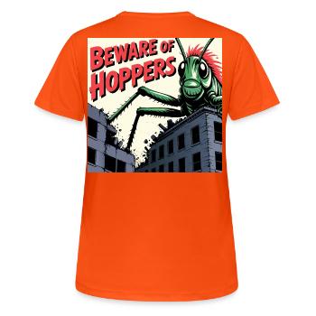 Grashüpfer Angriff - Frauen T-Shirt atmungsaktiv - Neonorange - Hinten - AI Model Female 172 dark (172cm)