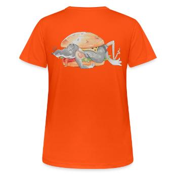 Ratfoodz' I can haz Ratzburger (Backprint) @ Ratz - Frauen T-Shirt atmungsaktiv - Neonorange - Hinten - AI Model Female 172 dark (172cm)