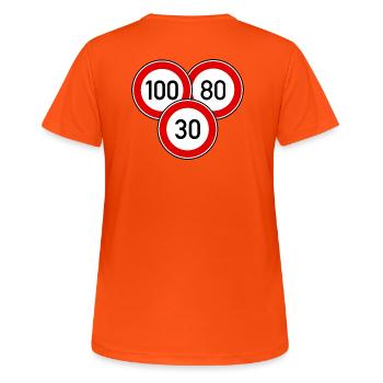 Tempolimit 100 - 80 - 30 - Frauen T-Shirt atmungsaktiv - Neonorange - Hinten - AI Model Female 172 dark (172cm)