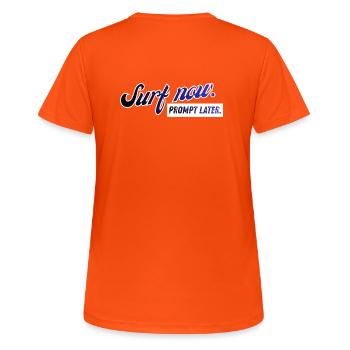 Surf now. Prompt later. Retro Design - Frauen T-Shirt atmungsaktiv - Neonorange - Hinten - AI Model Female 172 dark (172cm)