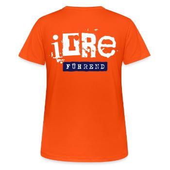 irre fuehrend - irrefuehrend witziger Spruch - Frauen T-Shirt atmungsaktiv - Neonorange - Hinten - AI Model Female 172 dark (172cm)
