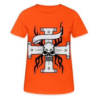 Totenkoop, Totenschädel,Kreuz,kreuz, - Frauen T-Shirt atmungsaktiv - Neonorange - Vorne - AI Model Female 172 dark (172cm)