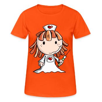 Krankenschwester Comic mit Herz und Spritze - Frauen T-Shirt atmungsaktiv - Neonorange - Vorne - AI Model Female 172 dark (172cm)