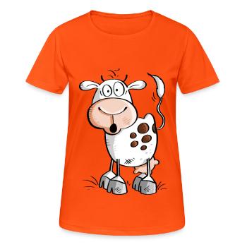 Witzige Comic Kuh - Kühe - Frauen T-Shirt atmungsaktiv - Neonorange - Vorne - AI Model Female 172 dark (172cm)