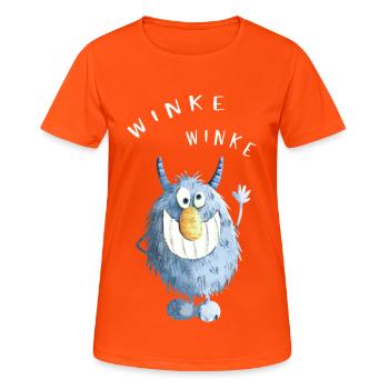 Blaues Zotteliges Winke Monster - Frauen T-Shirt atmungsaktiv - Neonorange - Vorne - AI Model Female 172 dark (172cm)