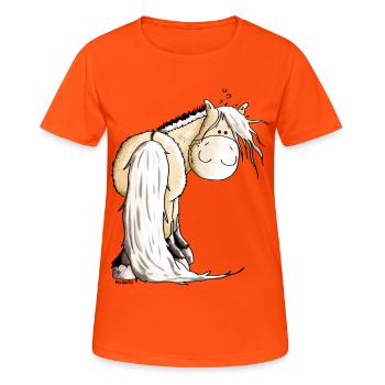 Goldiger Norweger - Fjordpferd - Frauen T-Shirt atmungsaktiv - Neonorange - Vorne - AI Model Female 172 dark (172cm)