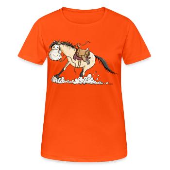 Westernpferd im Sliding Stop - Frauen T-Shirt atmungsaktiv - Neonorange - Vorne - AI Model Female 172 dark (172cm)