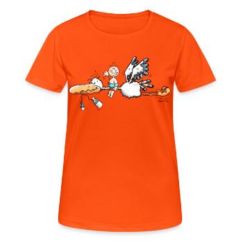 Cigogne apporte bébé - T-shirt respirant Femme - orange néon - Devant - AI Model Female 172 dark (172cm)