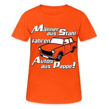  , DDR Kult , Männer aus Stahl (25) - Frauen T-Shirt atmungsaktiv - Neonorange - Vorne - AI Model Female 172 dark (172cm)