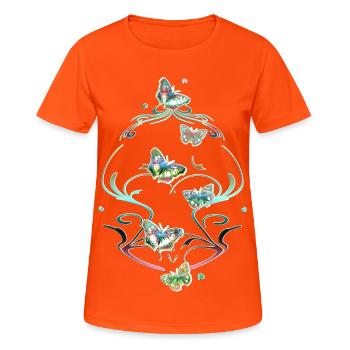 Schmetterlinge Ranken Ornamente Muster - Frauen T-Shirt atmungsaktiv - Neonorange - Vorne - AI Model Female 172 dark (172cm)