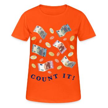 Geldbetrag in Euro Scheinen und Münzen, dunkel - Frauen T-Shirt atmungsaktiv - Neonorange - Vorne - AI Model Female 172 dark (172cm)