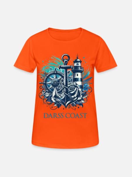 DarssCoast - Wellen Leuchtturm Anker blue Grafik - Frauen T-Shirt atmungsaktiv - Neonorange
