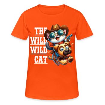 Cartoon Cowboy Katze reitet auf Hund, The Wild Cat - Frauen T-Shirt atmungsaktiv - Neonorange - Vorne - AI Model Female 172 dark (172cm)